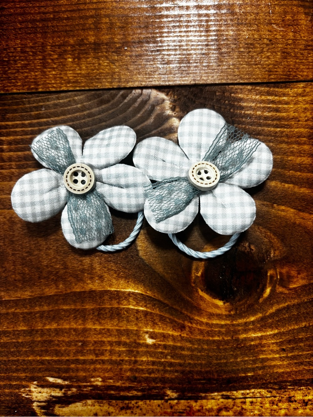 Blue Gingham Flower Kids Hair Ties with Button Accent